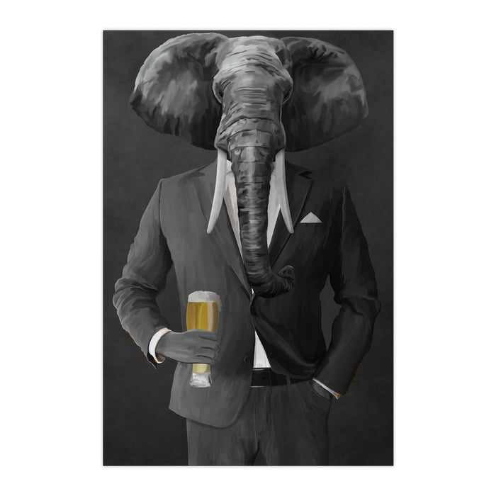 Elephant drinking beer wearing gray suit large wall art print