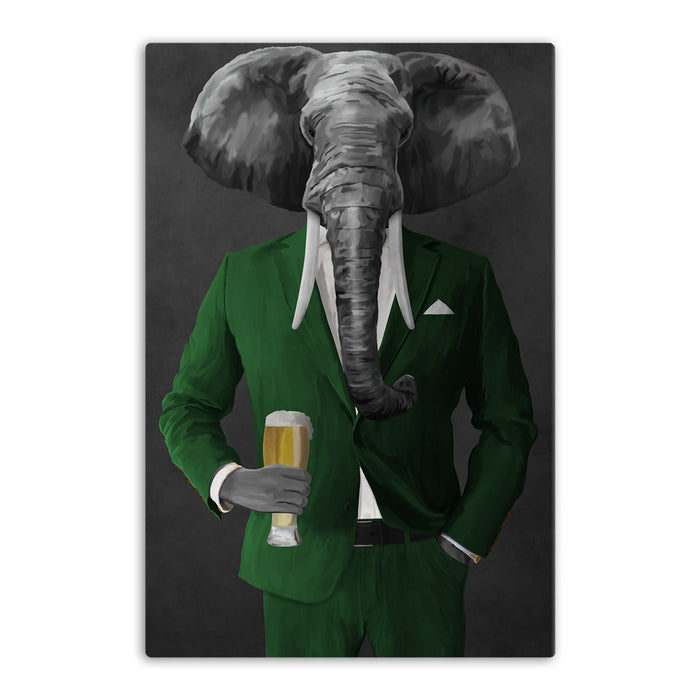 Elephant drinking beer wearing green suit canvas wall art