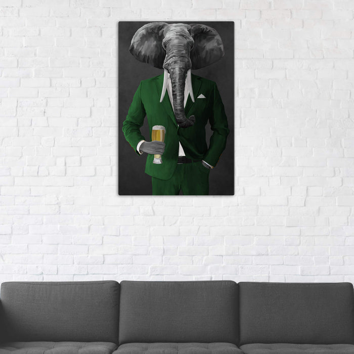 Elephant drinking beer wearing green suit wall art in man cave