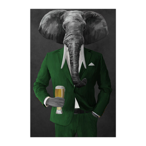 Elephant drinking beer wearing green suit large wall art print