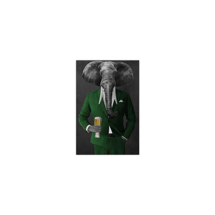 Elephant drinking beer wearing green suit small wall art print