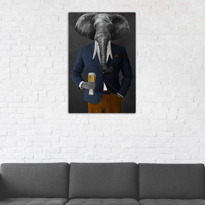 Elephant drinking beer wearing navy and orange suit wall art in man cave