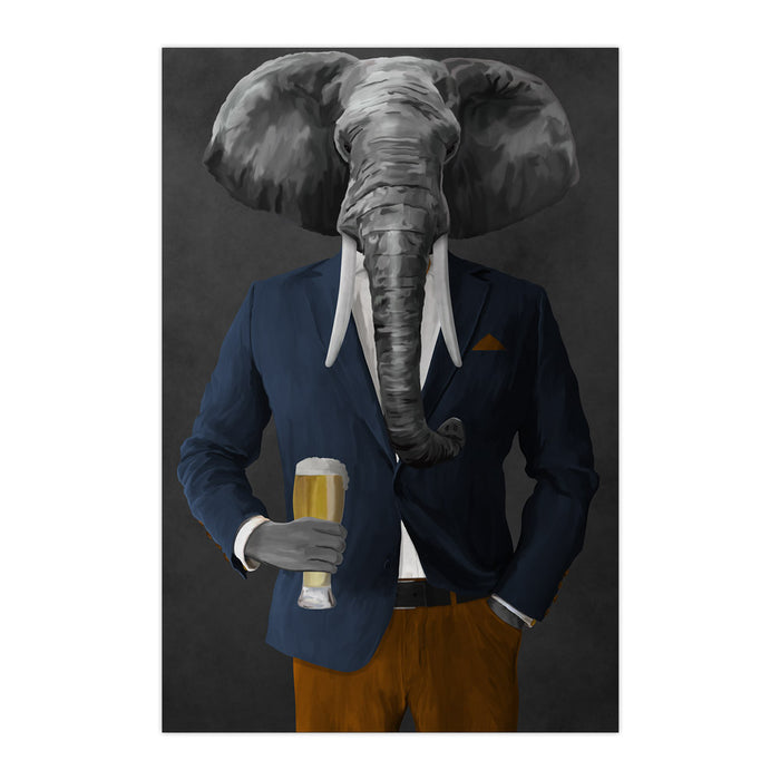 Elephant drinking beer wearing navy and orange suit large wall art print