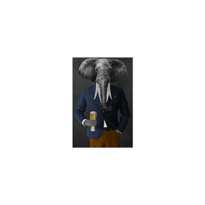 Elephant drinking beer wearing navy and orange suit small wall art print