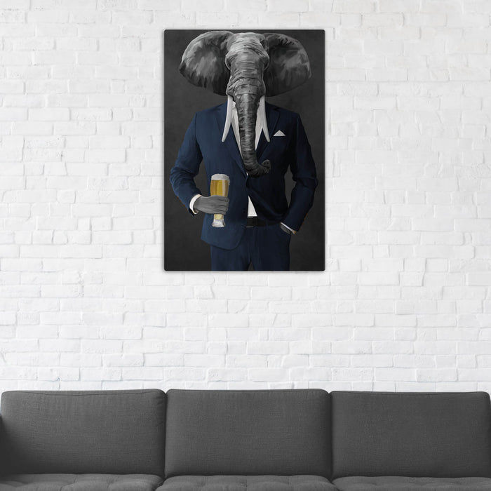 Elephant drinking beer wearing navy suit wall art in man cave