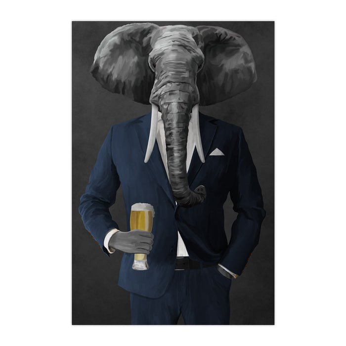 Elephant drinking beer wearing navy suit large wall art print