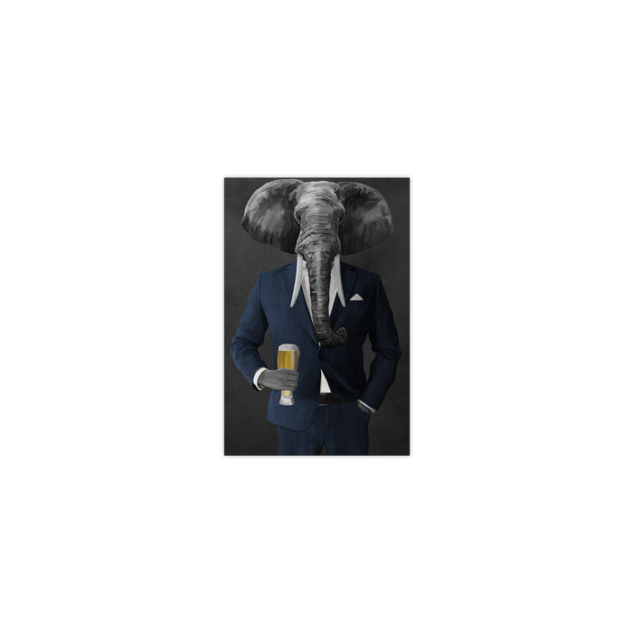 Elephant drinking beer wearing navy suit small wall art print
