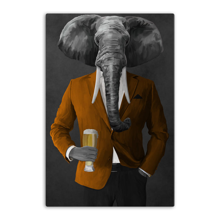 Elephant drinking beer wearing orange and black suit canvas wall art