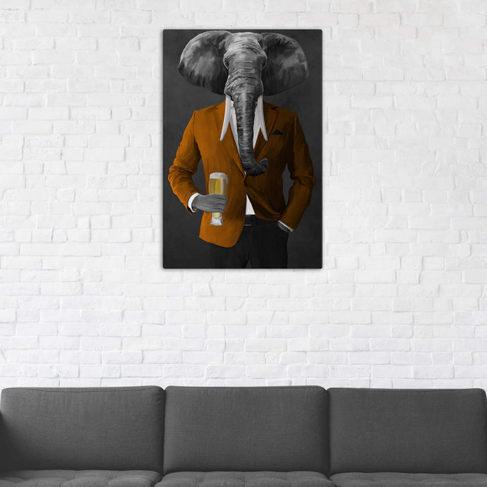 Elephant drinking beer wearing orange and black suit wall art in man cave