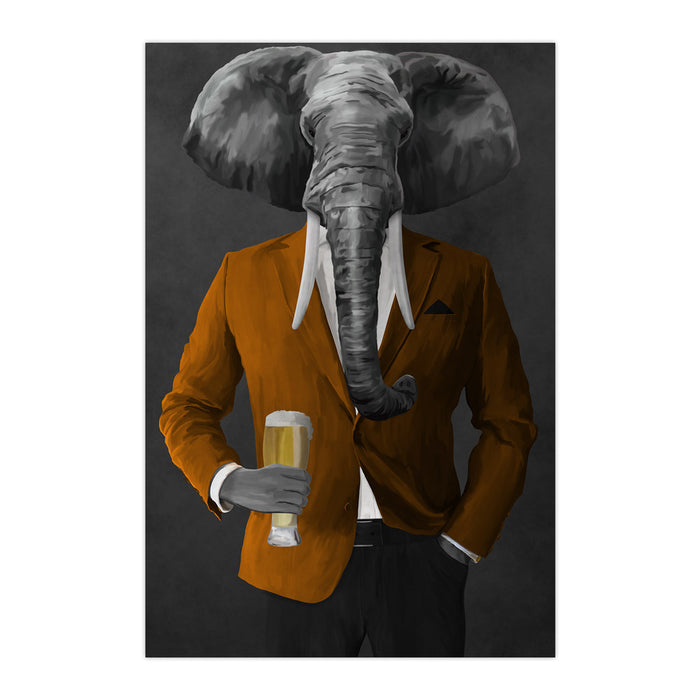 Elephant drinking beer wearing orange and black suit large wall art print