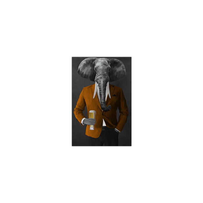 Elephant drinking beer wearing orange and black suit small wall art print