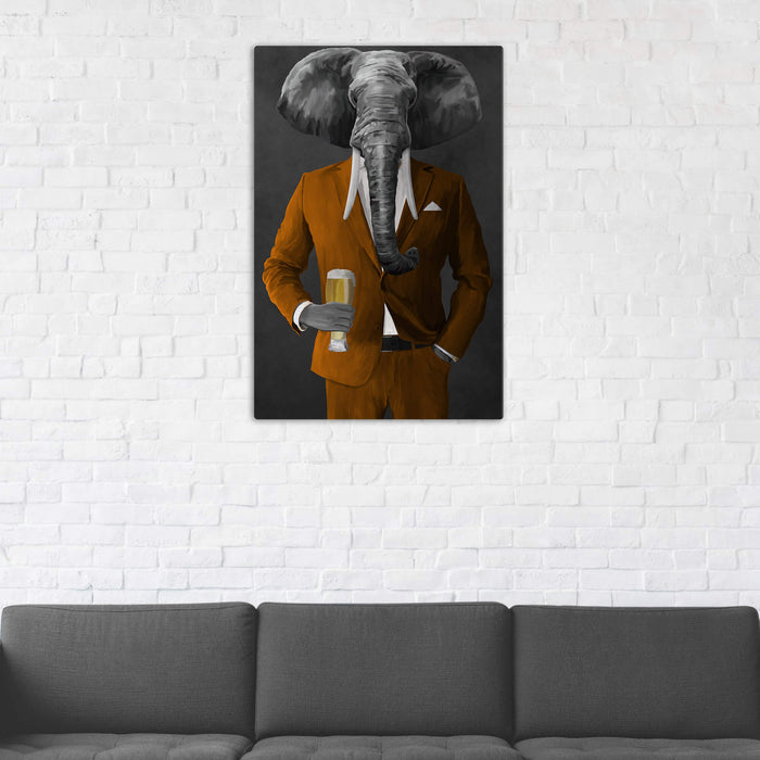 Elephant drinking beer wearing orange suit wall art in man cave