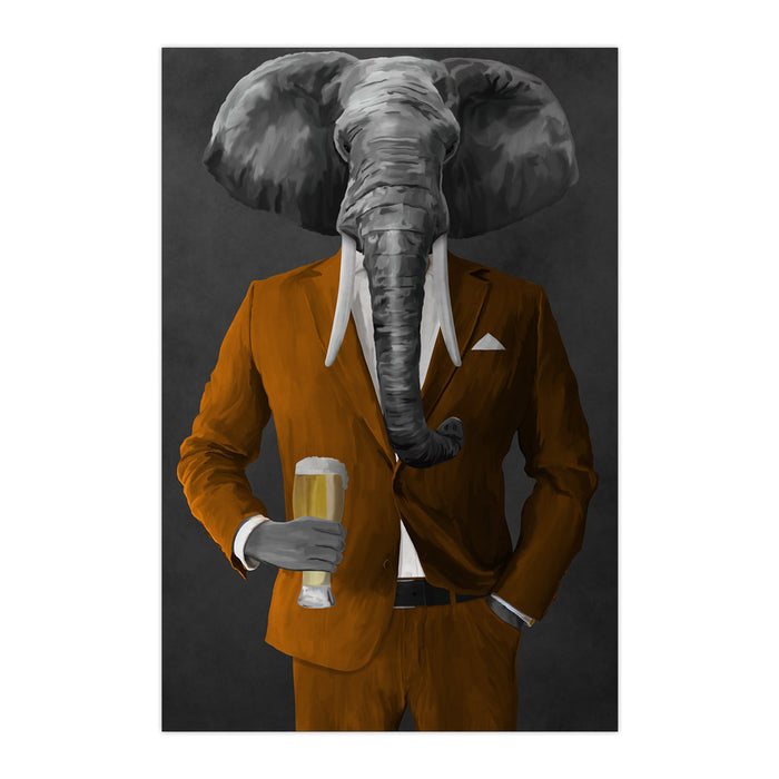 Elephant drinking beer wearing orange suit large wall art print