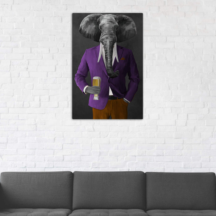 Elephant drinking beer wearing purple and orange suit wall art in man cave