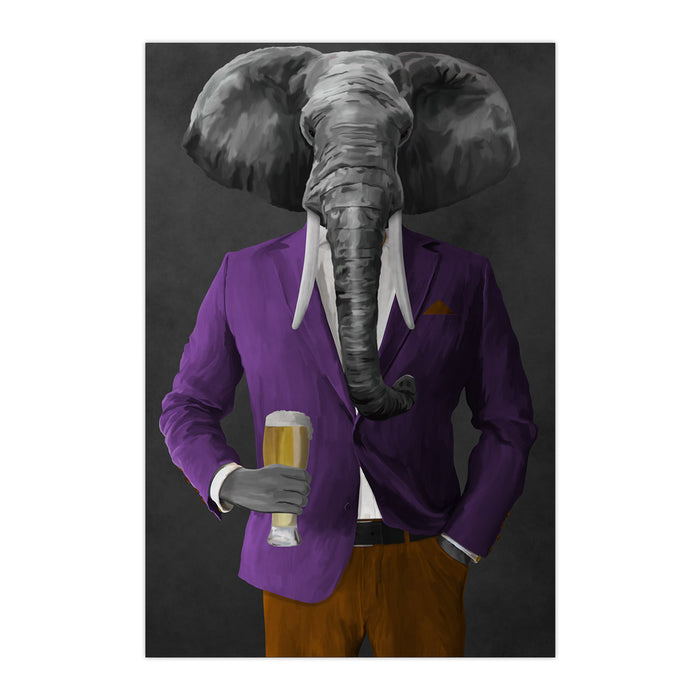 Elephant drinking beer wearing purple and orange suit large wall art print