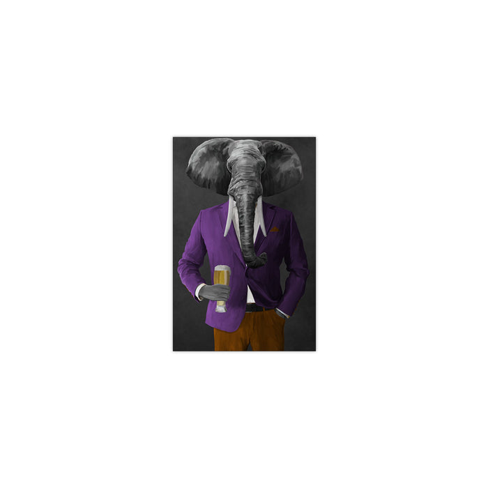 Elephant drinking beer wearing purple and orange suit small wall art print