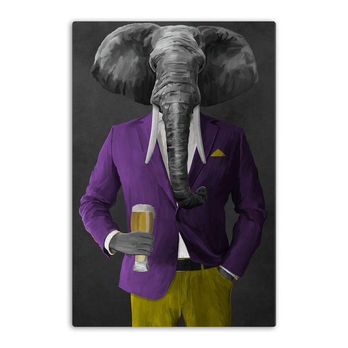Elephant drinking beer wearing purple and yellow suit canvas wall art