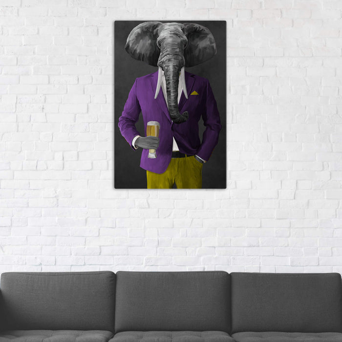 Elephant drinking beer wearing purple and yellow suit wall art in man cave
