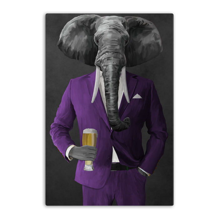 Elephant drinking beer wearing purple suit canvas wall art