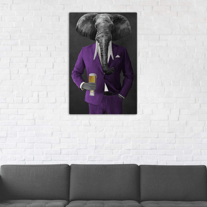 Elephant drinking beer wearing purple suit wall art in man cave