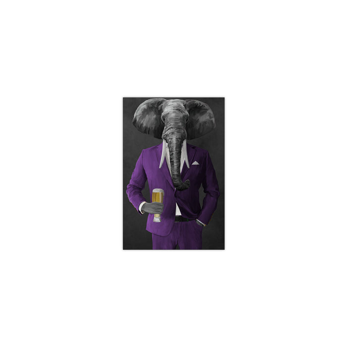 Elephant drinking beer wearing purple suit small wall art print