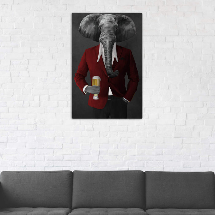 Elephant drinking beer wearing red and black suit wall art in man cave