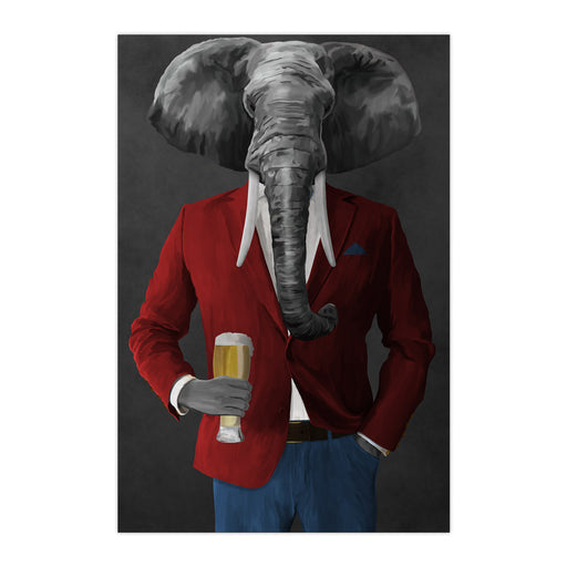 Elephant drinking beer wearing red and blue suit large wall art print
