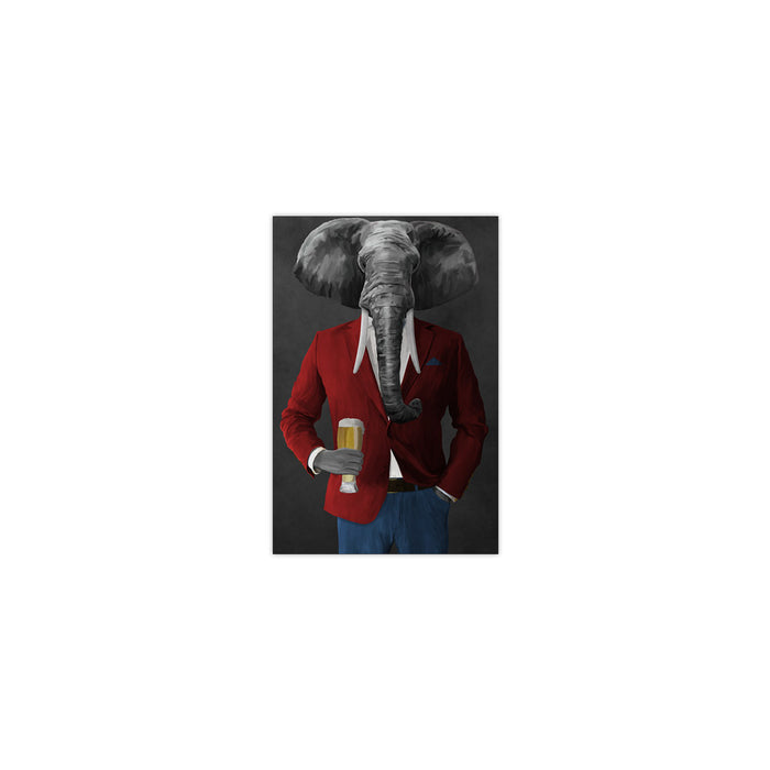 Elephant drinking beer wearing red and blue suit small wall art print