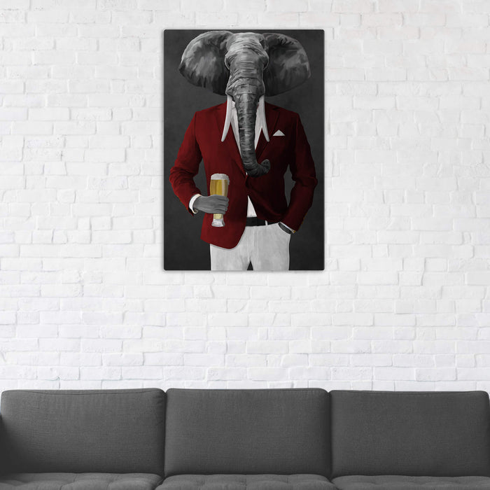 Elephant drinking beer wearing red and white suit wall art in man cave