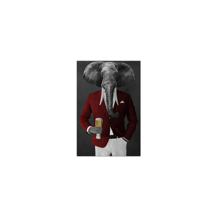 Elephant drinking beer wearing red and white suit small wall art print