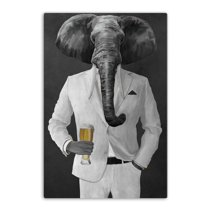 Elephant drinking beer wearing white suit canvas wall art