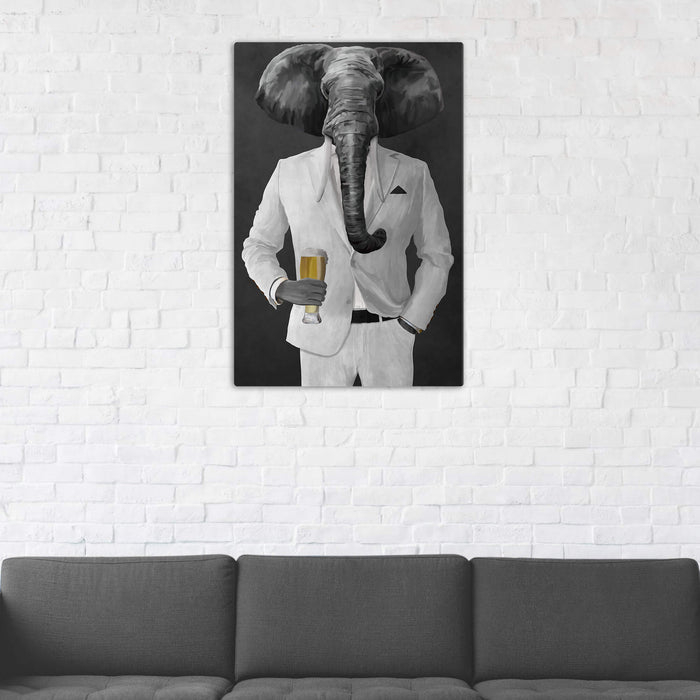 Elephant drinking beer wearing white suit wall art in man cave