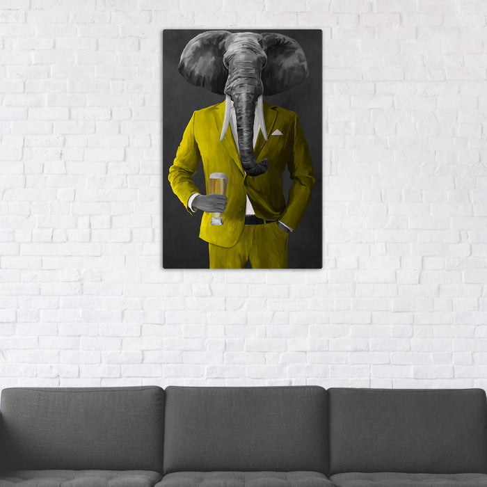 Elephant drinking beer wearing yellow suit wall art in man cave