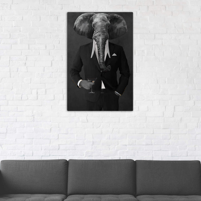Elephant drinking martini wearing black suit wall art in man cave