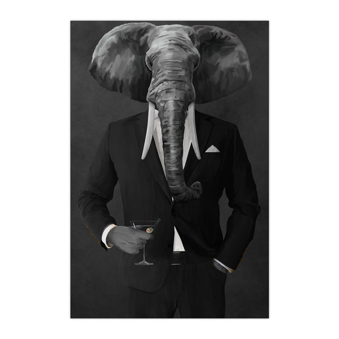 Elephant drinking martini wearing black suit large wall art print