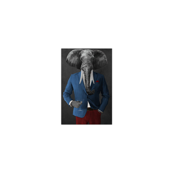 Elephant drinking martini wearing blue and red suit small wall art print
