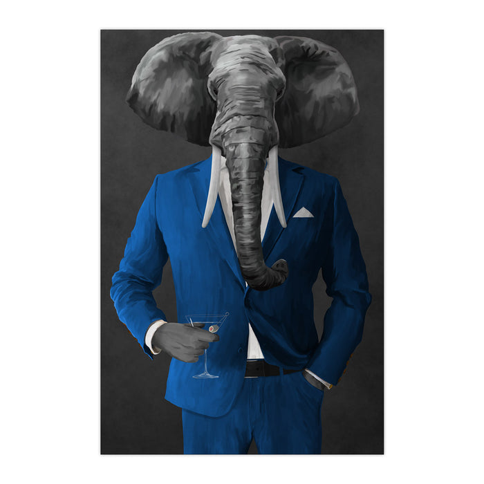 Elephant drinking martini wearing blue suit large wall art print