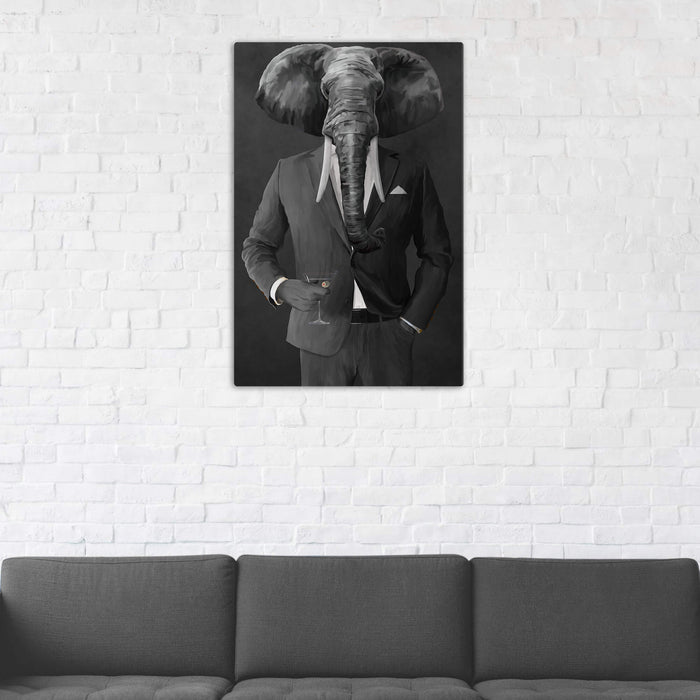 Elephant drinking martini wearing gray suit wall art in man cave