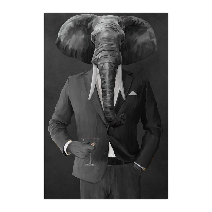 Elephant drinking martini wearing gray suit large wall art print