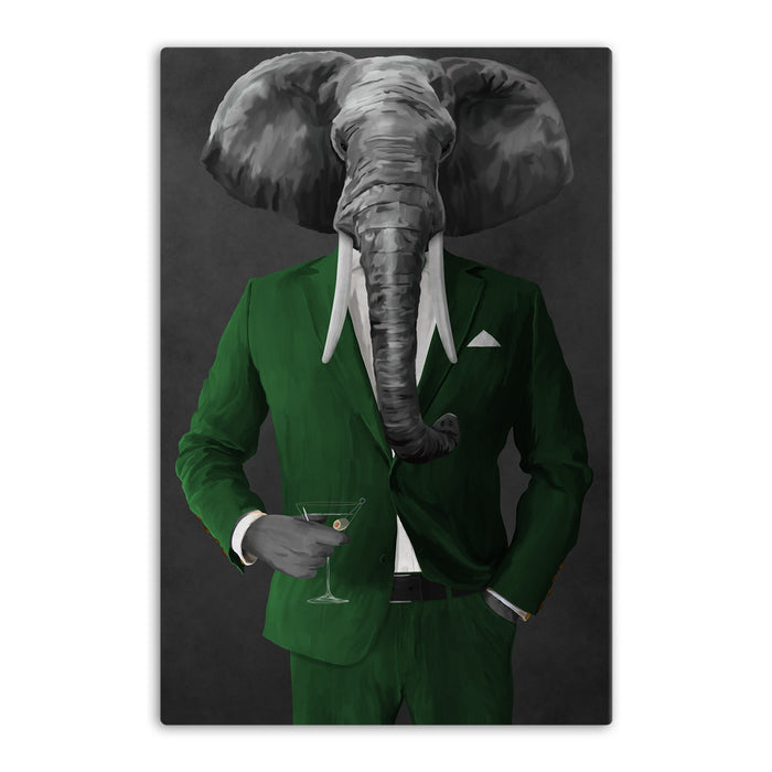 Elephant drinking martini wearing green suit canvas wall art