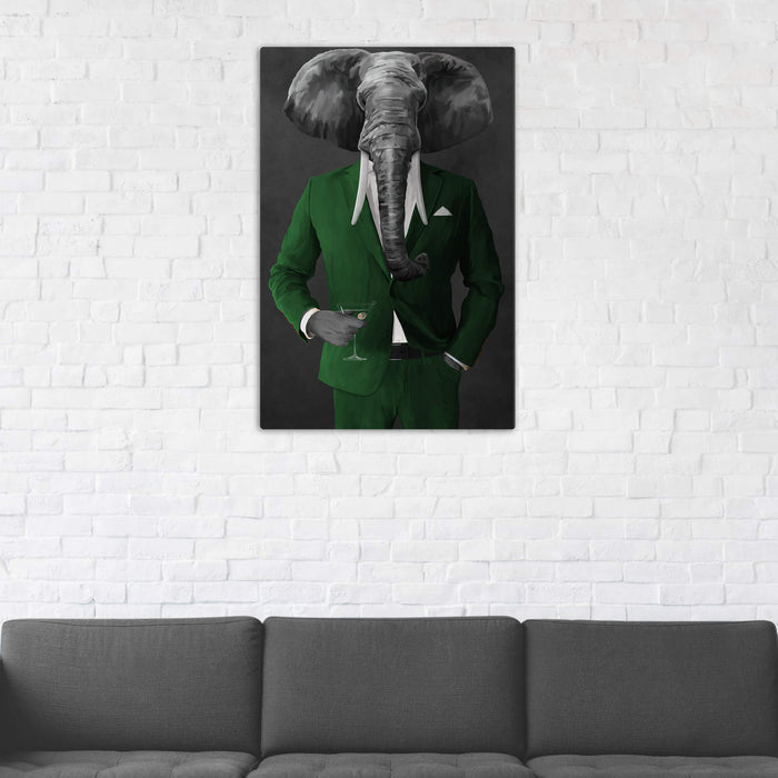 Elephant drinking martini wearing green suit wall art in man cave