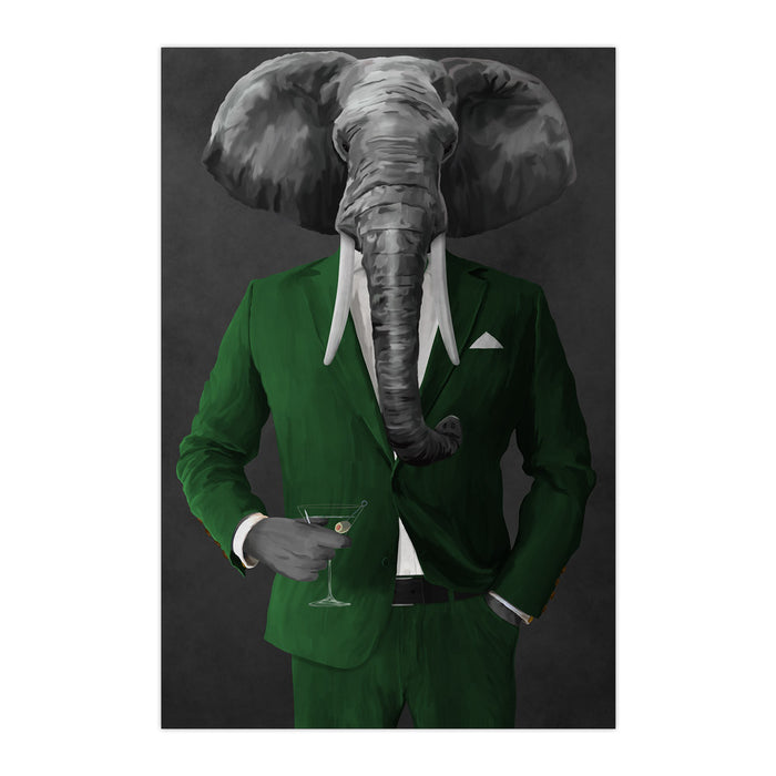 Elephant drinking martini wearing green suit large wall art print