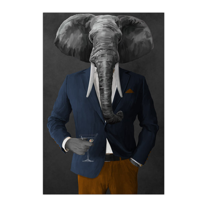 Elephant drinking martini wearing navy and orange suit large wall art print