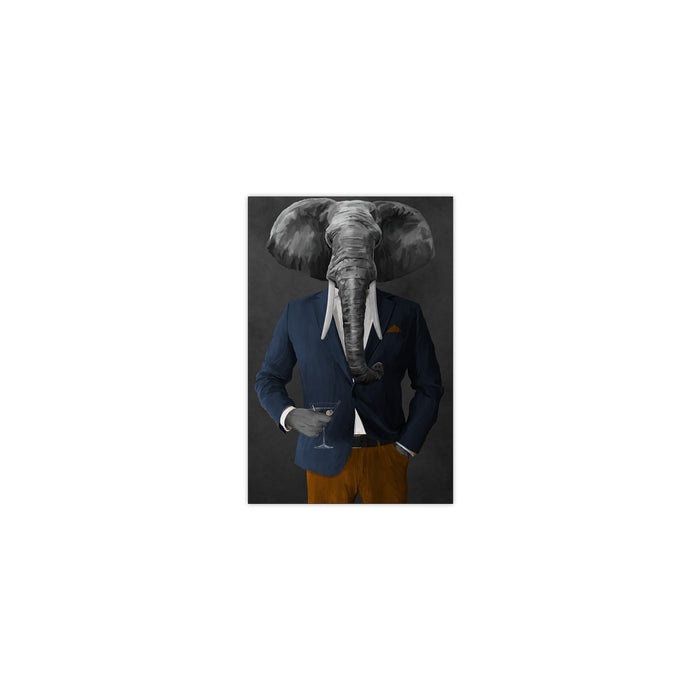 Elephant drinking martini wearing navy and orange suit small wall art print
