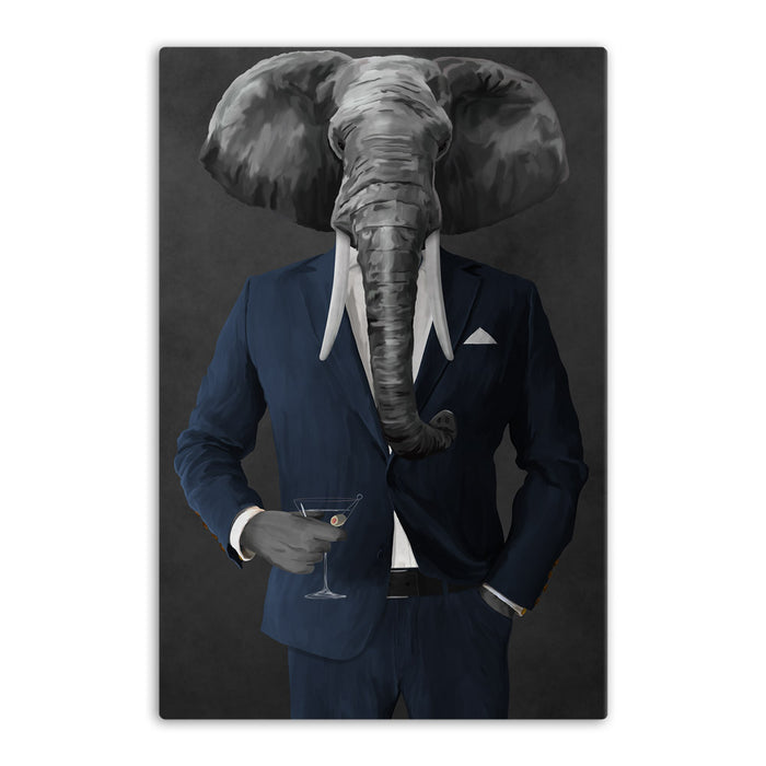 Elephant drinking martini wearing navy suit canvas wall art