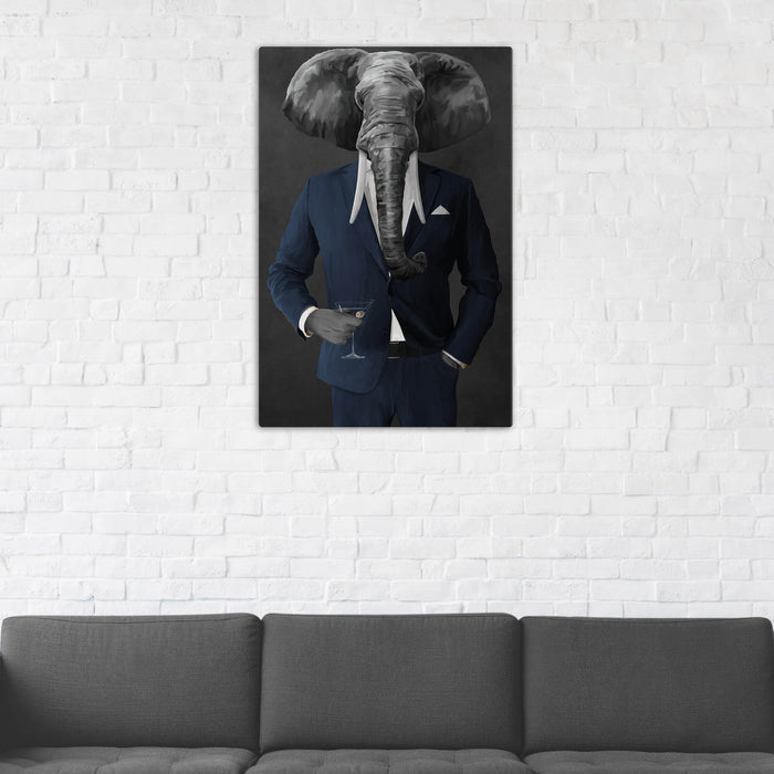 Elephant drinking martini wearing navy suit wall art in man cave