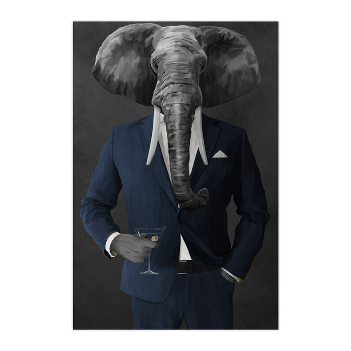 Elephant drinking martini wearing navy suit large wall art print