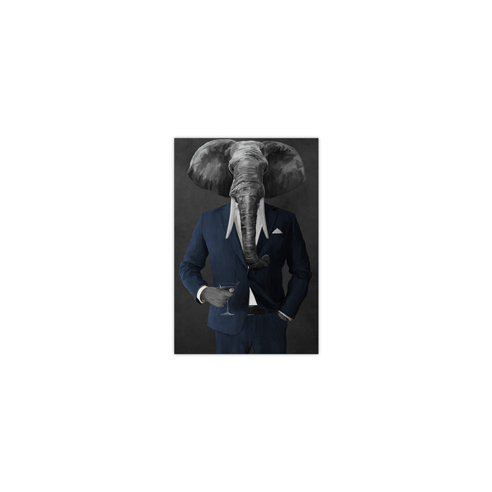 Elephant drinking martini wearing navy suit small wall art print