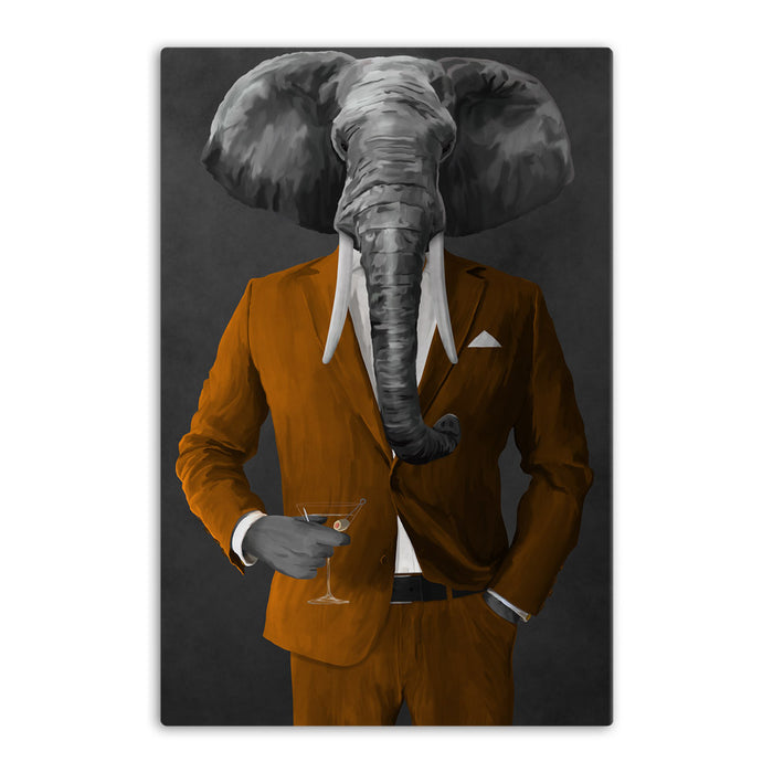 Elephant drinking martini wearing orange suit canvas wall art