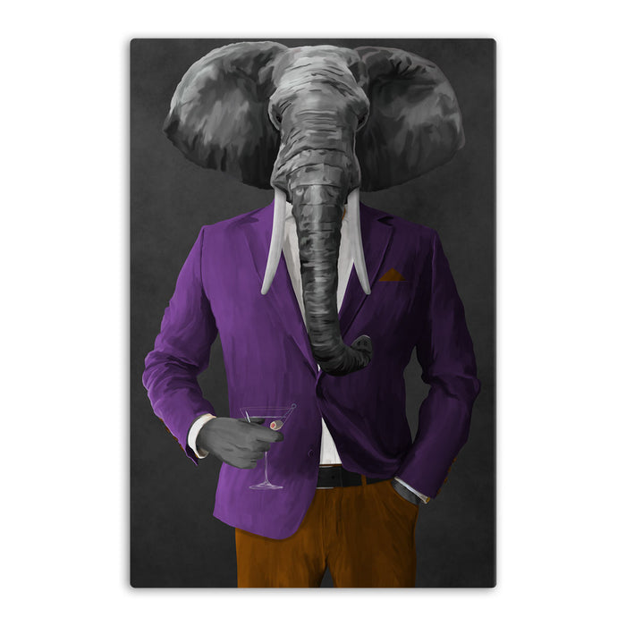 Elephant drinking martini wearing purple and orange suit canvas wall art